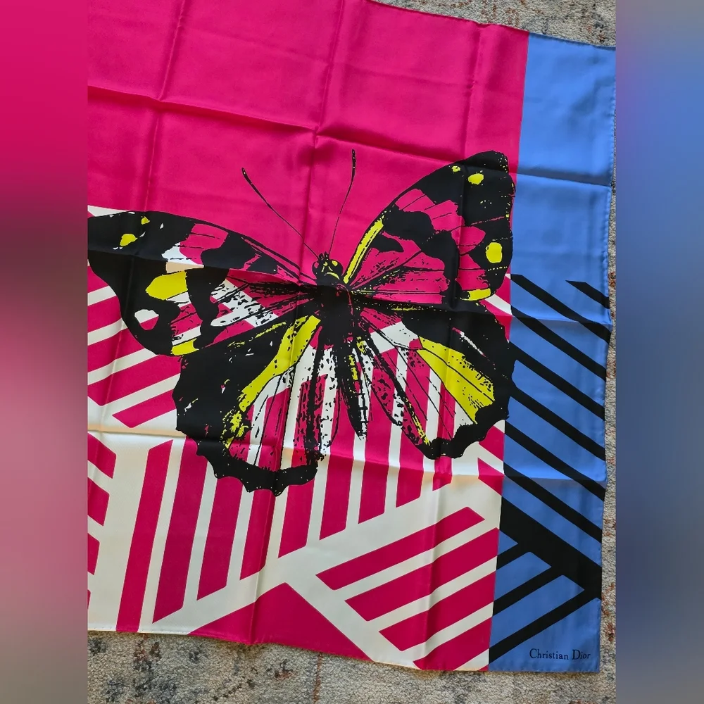 NWT 2022 Christian Dior Silk Large Pink and Blue Butterfly Scarf/Shawl!